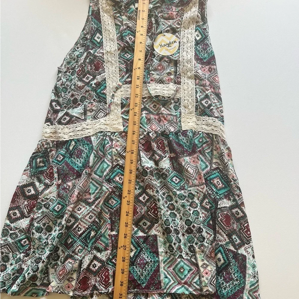 Hayden Womens Mini Dress Multicolor Patchwork V Neck Sleeveless Lace Trim Boho M - Picture 2 of 7